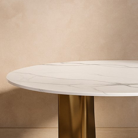 Stylish Round Dining Table in White Marble & Golden Finish