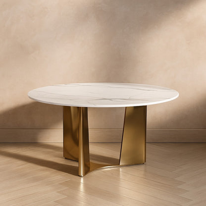 Stylish Round Dining Table in White Marble & Golden Finish