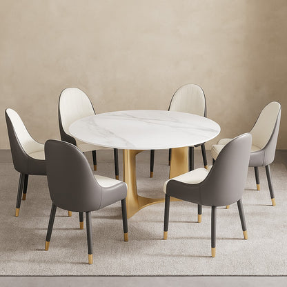 Stylish Round Dining Table in White Marble & Golden Finish