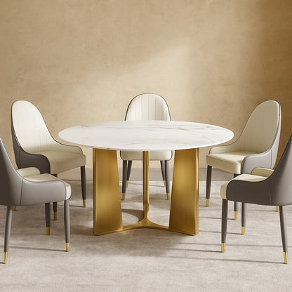 Stylish Round Dining Table in White Marble & Golden Finish