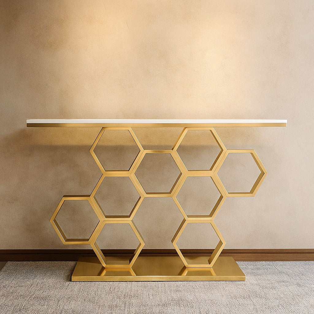 Luxury Honeycomb Design Console Table in Gold PVD Finish for Entryway & Living Room