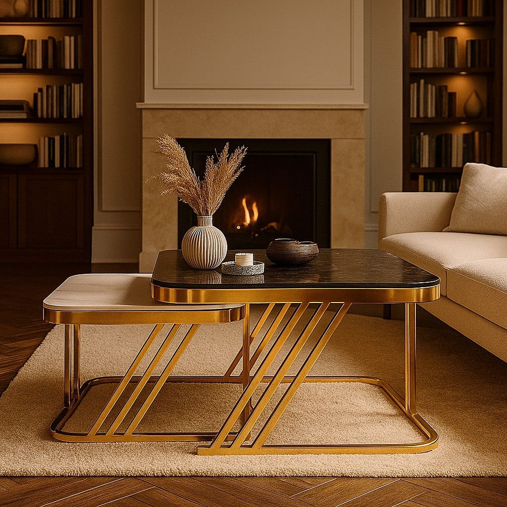 Modern Square Nesting Table Set of 2 – Marble Top with Golden PVD Base