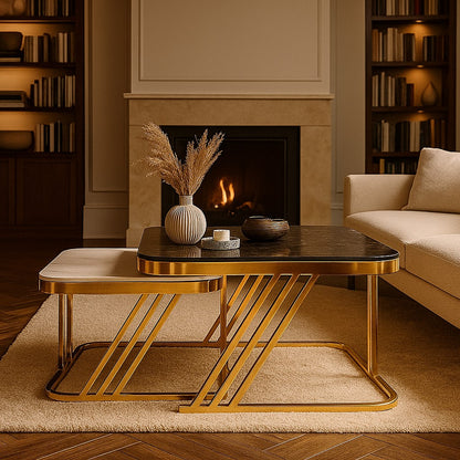 Modern Square Nesting Table Set of 2 – Marble Top with Golden PVD Base