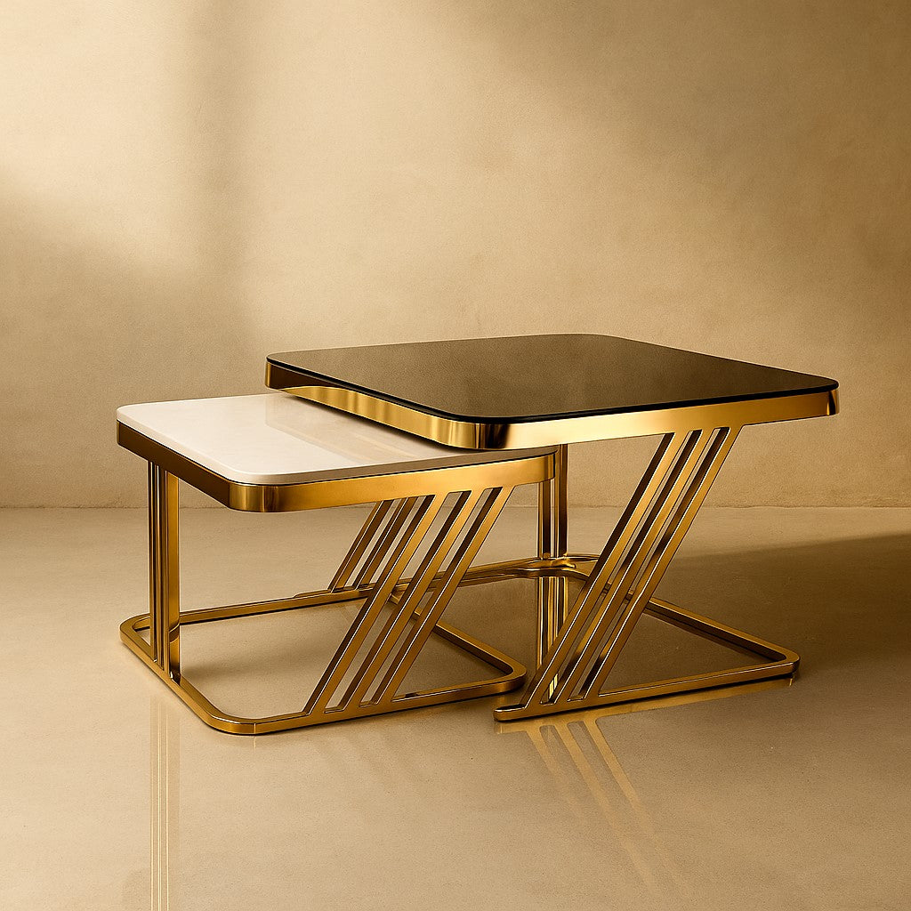 Modern Square Nesting Table Set of 2 – Marble Top with Golden PVD Base