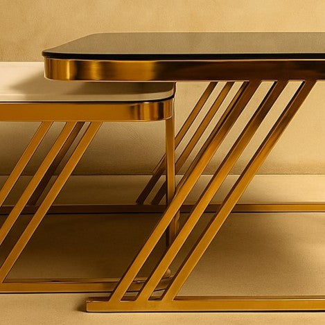 Modern Square Nesting Table Set of 2 – Marble Top with Golden PVD Base