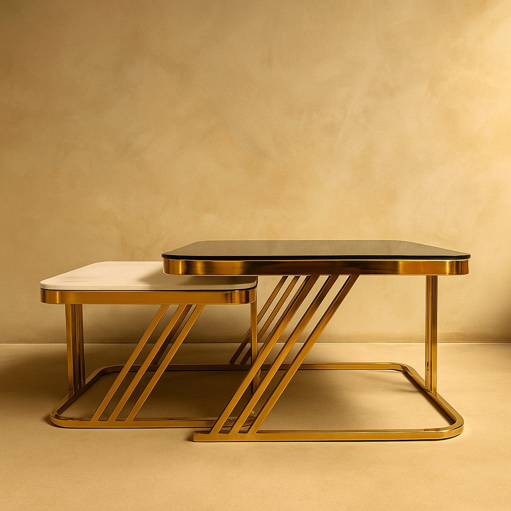 Modern Square Nesting Table Set of 2 – Marble Top with Golden PVD Base