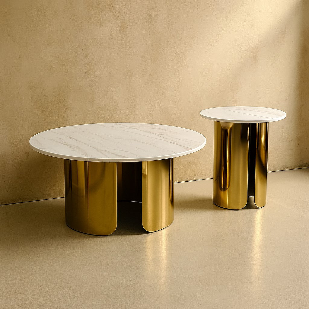 Luxury Round Nesting Table Set of 2 with Marble Top & Golden PVD Base