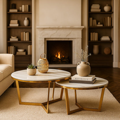 Round Marble Top Golden PVD Nesting Table Set of 2 – Luxury Modern Coffee Tables for Living Room
