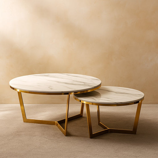 Round Marble Top Golden PVD Nesting Table Set of 2 – Luxury Modern Coffee Tables for Living Room