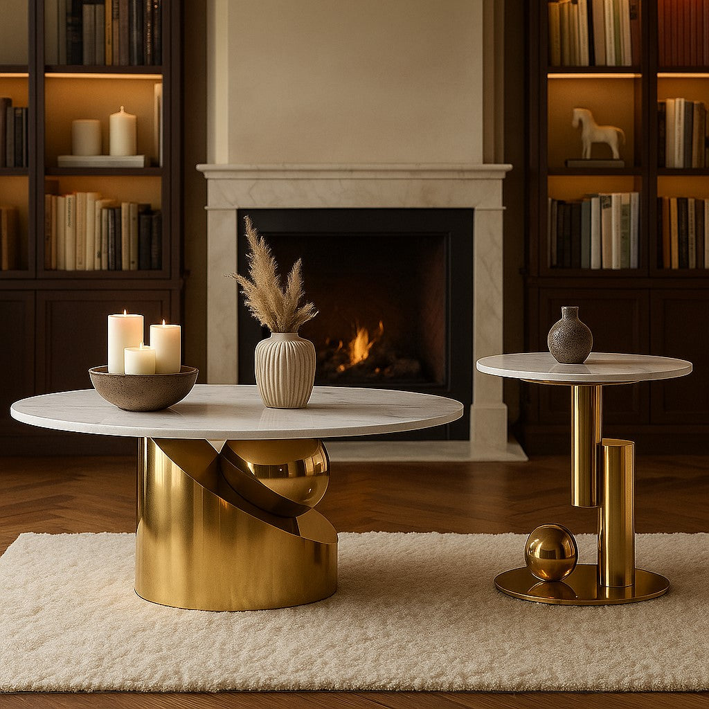 Artistic Round Marble Top Golden PVD Nesting Table Set of 2 – Modern Designer Coffee Tables