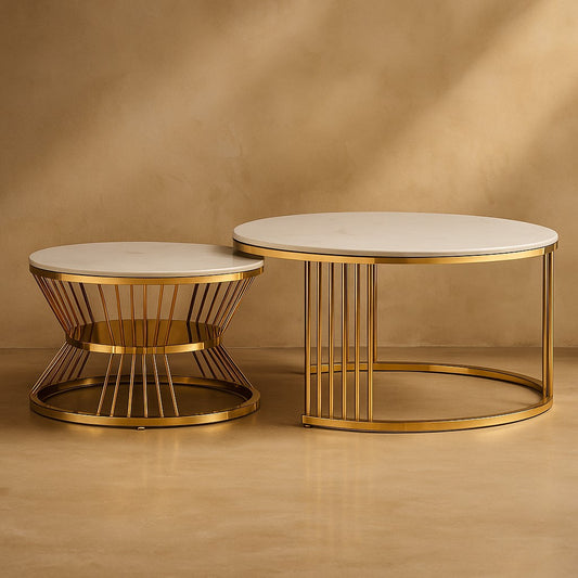 Round Golden PVD Nesting Table Set of 2 with Marble Top