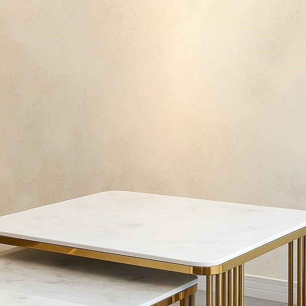 Square Golden PVD Nesting Table Set of 2 with Marble Top