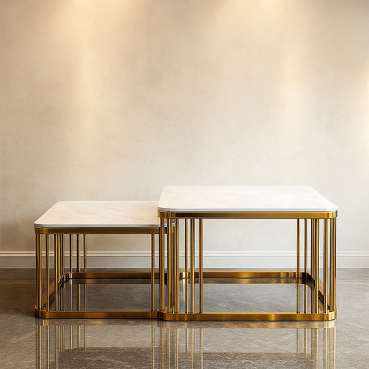 Square Golden PVD Nesting Table Set of 2 with Marble Top