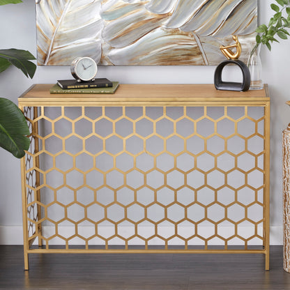 Gold Honeycomb Metal Console Table with Brown Wooden Top
