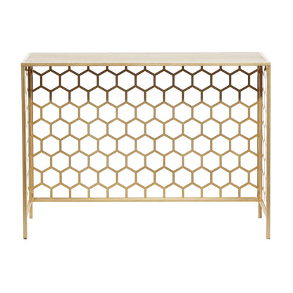Gold Honeycomb Metal Console Table with Brown Wooden Top