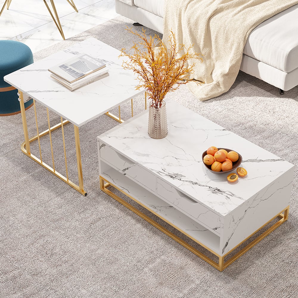 Modern Nesting Table Set with Integrated Storage Drawer