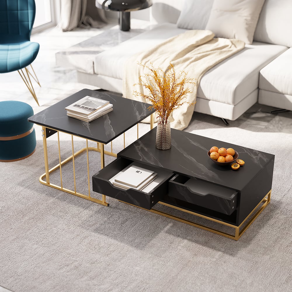Stylish Black Nesting Table Set with Drawer
