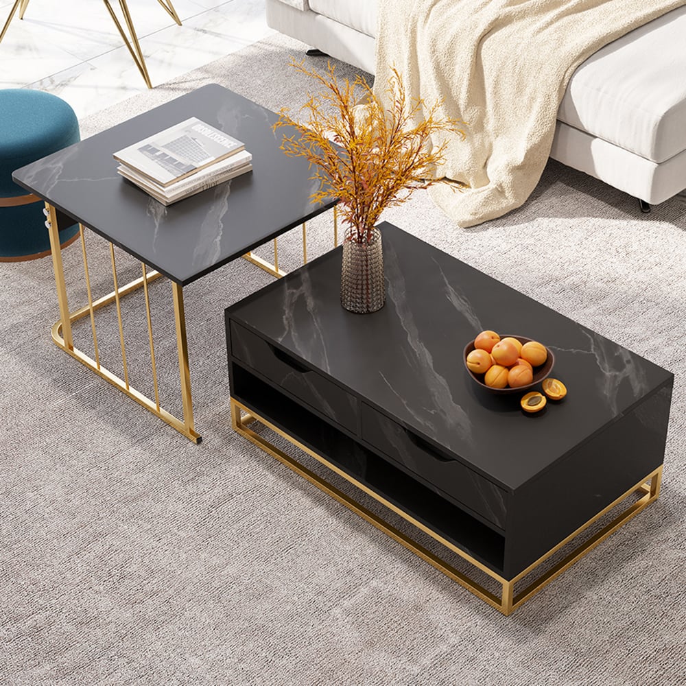 Stylish Black Nesting Table Set with Drawer