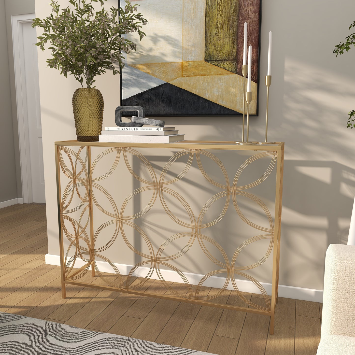 Gold Metal Geometric Console Table – Modern Elegance with a Unique Twist